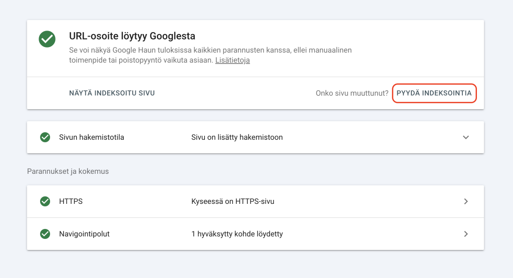 Google Search Console indeksointipyyntö